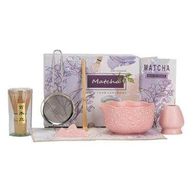 Imagem de Conjunto de Tigela Matcha Cerâmica Design com Flores Cerejeira e Ondas do Mar em Relaevo Bico Prático 7 Peças Artesanato Exquisito Caixa Presente Alto