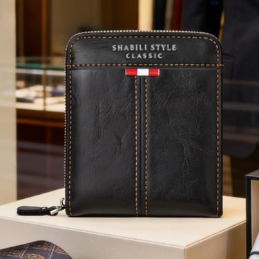 Imagem de Carteira masculina de couro curta com zíper, organizador de couro preto clássico (preto)