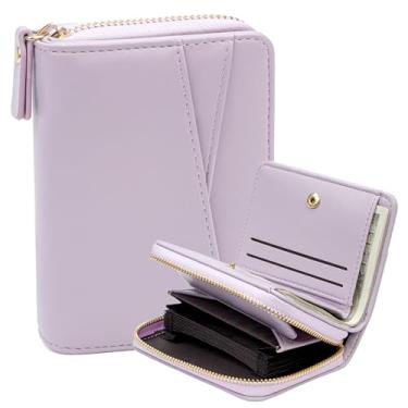 Imagem de defway Carteira pequena para cartão feminina – Carteira pequena para mulheres, 14 compartimentos para cartões e bolso para moedas com zíper, bolsa compacta de couro PU, organizador de presente, Roxa