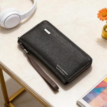 Imagem de Carteira masculina retrô marrom escuro com zíper longo de couro macio brilhante de grande capacidade, design retrô com zíper longo com couro macio brilhante e interior de grande capacidade para todos