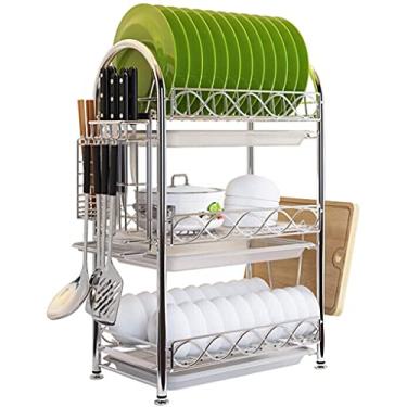 Imagem de Escorredor de pratos grande de 3 níveis de aço inoxidável e escorredor de pratos doméstico para organizador de balcão de cozinha