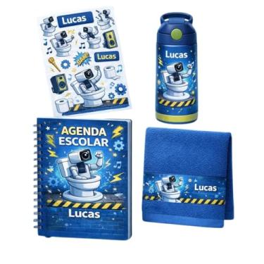 Imagem de Kit Escolar Personalizado Infantil – Garrafa 500ml, Agenda 2026 A5, 170 Etiquetas (Roupas e Vinil), Toalhinha – Tema Personalizado