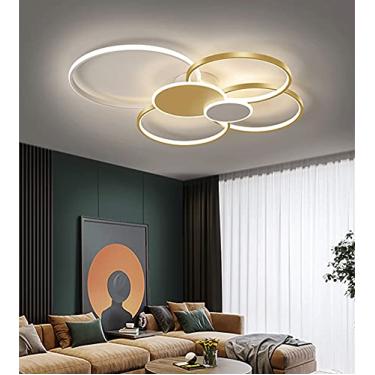Imagem de Luminária de teto LED dimerizável com controle remoto, design elegante e criativo com 6 anéis, para sala de estar. Lustre de embutir em metal para iluminação interna (dourado + branco, 80 cm