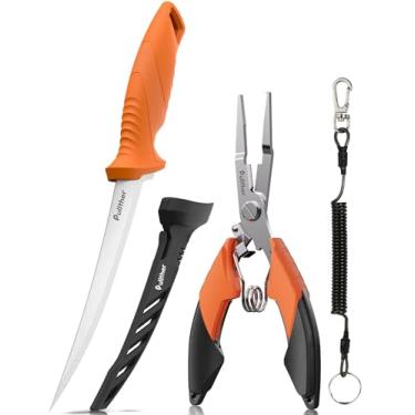 Imagem de pullther fishing Kit de ferramentas de pesca de 2 peças – faca de filete de 17,78 cm, alicate de pesca de 16,5 cm, removedor de ganchos multiferramentas, equipamento de pesca para água salgada e doce