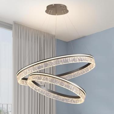 Imagem de Lustre LED moderno, dimerizável de 3000K a 6500K, design em anel, montagem no teto com altura ajustável, elegante luminária pendente em acrílico para sala de jantar, sala de estar e cozinha