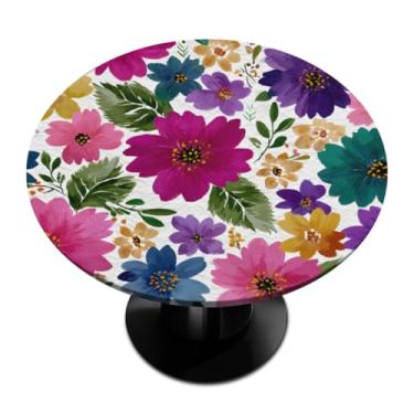 Imagem de Pardick Toalha de mesa redonda vintage com flores coloridas com borda elástica, toalha de mesa à prova d'água, limpável, para piquenique, pátio, serve para mesas de até 114 a 142 cm de diâmetro