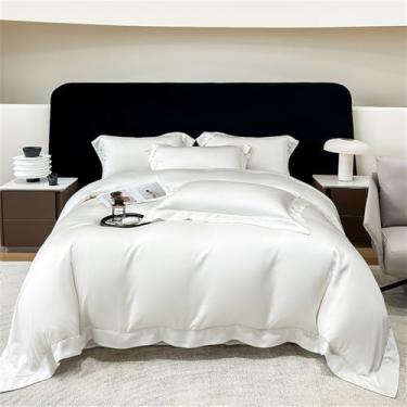 Imagem de Conjunto de cama macio, sedoso e fresco em cor sólida, com capa de edredom em fibras vegetais naturais, cor 2, tamanho King (220x240cm), 4 peças.