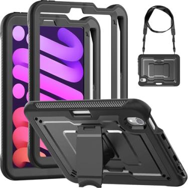 Imagem de Miimall Capa para iPad mini 7 A17 Pro com alça de ombro, suporte para lápis, suporte e protetor de tela, capa protetora resistente para iPad mini 7 (8,3 polegadas), capa preta fosca à prova de choque