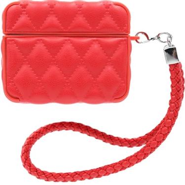 Imagem de Capa MC Fashion para AirPods Pro 2, capa protetora acolchoada de couro PU com cordão trançado padrão de diamante fino compatível com AirPods Pro/Pro 2 (vermelho)