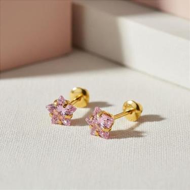 Imagem de Brinco Infantil Ouro 18k Estrela 5mm Rosa - Para Crianças - no-brand