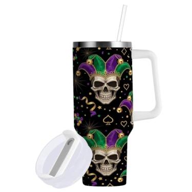 Imagem de ATTX Copo de caveira de carnaval de 1,134 g com alça - Caneca de viagem de aço inoxidável isolada a vácuo, copo de café à prova de vazamento com canudo #422
