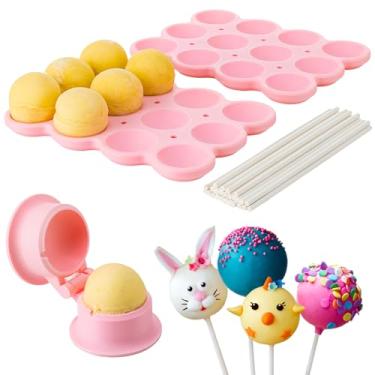 Imagem de Molde de bolo de esfera redonda com 2 bandejas e 24 palitos de bolo, kit de cortador e empurrador de bolo, suporte de bolo de 12 furos, molde de cozimento de pirulito para secar, aniversário