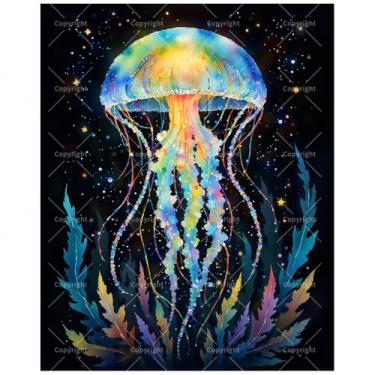 Imagem de TAOPAOLAB Kit de pintura de oceano fantasia por números para adultos - Faça você mesmo medusa brilhante em pintura cósmica do mar em tela 40,6 x 50,8 cm, conjunto de tinta acrílica, adequado para