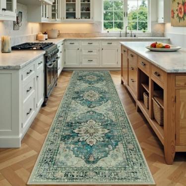 Imagem de RELEANY Tapetes de área 9,5 x 2,5 m, lavável, antiderrapante, estampa floral, vintage, medalhão para sala de estar, quarto, sala de jantar, azul escuro vintage