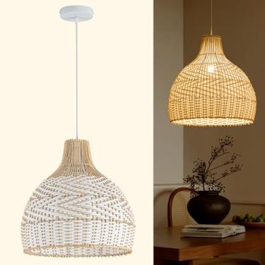 Imagem de Shining gold Luminária com pingente de vime boho vintage, casa de fazenda, tecido à mão, de bambu, para ilha de cozinha, lustre de cesta de vime rústico moderno para sala de jantar, sala de estar