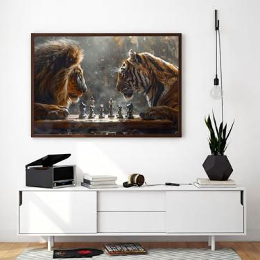 Imagem de Quadro Decorativo Leão vs Tigre Jogando Xadrez Sala Hall Escritório 100x70cm (01, Tabaco, 100x70)