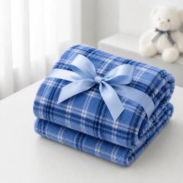 Imagem de Manta de Berço Plush Bebê 90x105cm Ultra Macia Azul Xadrez  Cobertor I