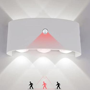 Imagem de Luzes de parede externas de LED brancas com sensor de movimento, iluminação de parede de jardim exterior PIR alumínio externo de 18 W, lâmpada de indução IP65 para cima para escadas de corredor de pátio (luz branca)