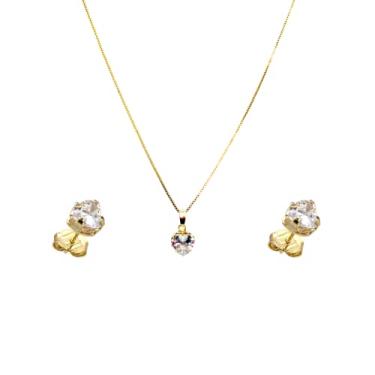 Imagem de Corrente Colar Veneziana 40cm com Pingente e Brinco Solitário Coração Semijoia