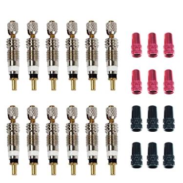 Imagem de Núcleo de válvula Presta (pacote com 12) e 12 tampas de válvula de válvula Presta de liga anodizada para trabalhos de bicicleta sem tubo e MTB com Stan's, Vittoria, Continental, Kenda e mais. Cor da válvula de substituição Presta e Schrader da No-Leak
