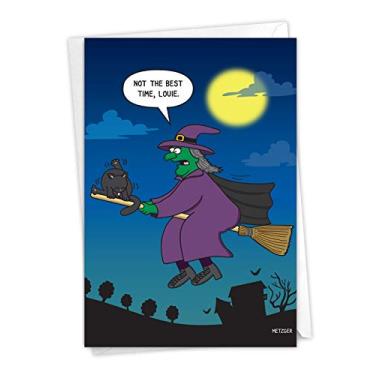 Imagem de NobleWorks, Gato na Vassoura – Cartão divertido de Halloween para adultos com envelope – Bruxa hilária, humor de gato preto C7091HWG