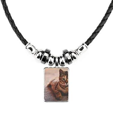Imagem de DIYthinker Colar com fotografia de gato silencioso, joia de torque, pingente de corda de couro
