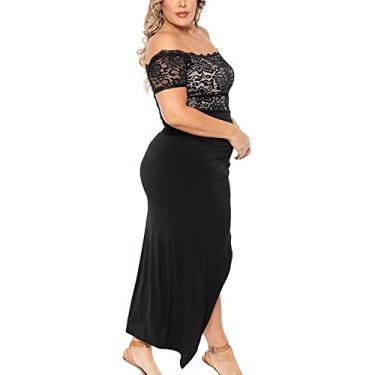 Imagem de Vestido feminino plus size com ombros de fora, fenda lateral, vestido maxi para festa de casamento, vestido casual de renda, preto, 4GG (busto 122 cm)