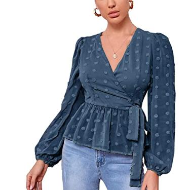 Imagem de Blusa Lanterna de Manga Longa, Bainha Com Babados e Cor Sólida Adequada para a Pele Top Com Gravata na Cintura para Encontros (L)