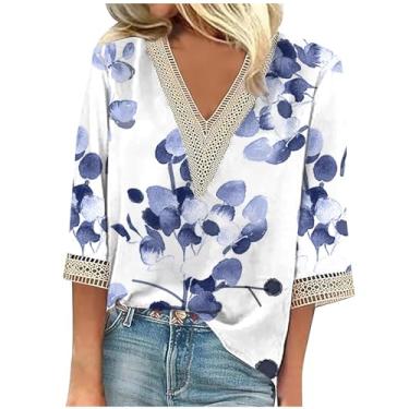 Imagem de Camiseta feminina de manga 3/4, moda de verão, gola V 2024, estampa floral, blusa elegante, túnica casual, Nº 28 azul-marinho, P