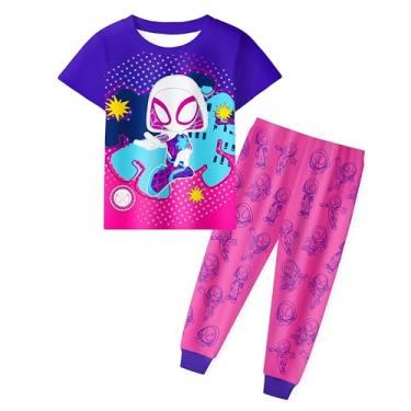Imagem de TIOYIRE Conjunto de calças de desenho animado para meninas, camisa de manga curta, conjunto de roupas infantis incríveis de heróis para brincar, roupa casual, Rosa/Roxo-03002, 6-7 anos