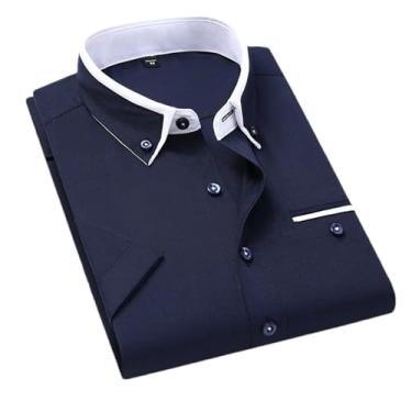 Imagem de Camisa de negócios de verão masculina manga curta abotoada gola virada para baixo camisas casuais roupas masculinas, Camiseta azul escuro, M