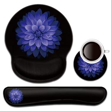 Imagem de Descanso de pulso e mouse pad com suporte de pulso, porta-copos de gel ergonômico, confortável e leve para facilitar a digitação da dor, conjunto de mousepad com teclado de espuma de memória, flores roxas