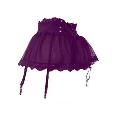Imagem de Eforcase Lingerie feminina de renda minissaia de malha lingerie amarrada nas costas saia curta cinto liga conjunto lingerie roupa de dormir, Roxa, GG