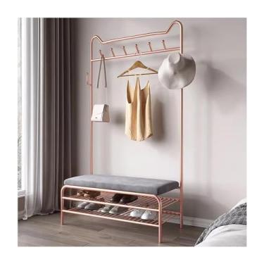 Imagem de Banco de sapato Hall Tree com armazenamento, cabide de entrada 3 em 1, banco industrial com ganchos 6/8, prateleira de armazenamento de 3 camadas, assento estofado de veludo, estrutura de metal