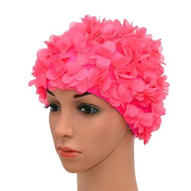 Imagem de Medifier Touca de natação vintage renda pétala floral estilo retrô toucas de banho para mulheres rosa (rosa vermelha)