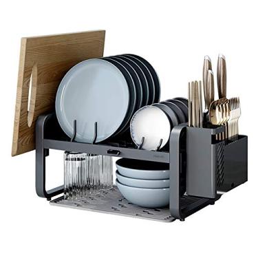 Imagem de Escorredor de pratos dobrável, conjunto de escorredor de pratos de 2 níveis, escorredor de pratos de alumínio para bancada de cozinha, escorredor de pratos com suporte de utensílios, escorredor de