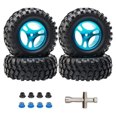 Imagem de Rchobbytop 4 peças de rodas e pneus RC de 12 mm OD 96 mm (3,77 polegadas) aro de roda de alumínio com porcas de bloqueio chave para caminhão de rastreador de rocha 1/10 RC4WD G2 TF2 D90 Tamiya MST, azul