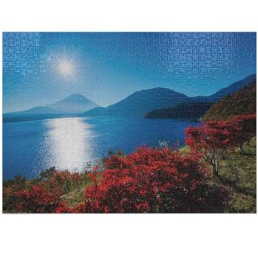 Imagem de Ambesonne Nature Jigsaw Puzzle for Adults, Japan Sunny Autumn Fall Plants Landscape with Trees Mountains and Ocean Panorama, Heirloom-Quality Fun Activity Durable Cardboard, 1000 pcs, Blue and Red