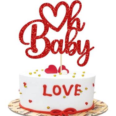 Imagem de Gyufise 1 pacote de enfeite de bolo de bebê com glitter vermelho para o dia dos namorados, decorações temáticas de chá de bebê para meninos e meninas, decorações de bolo de revelação de gênero