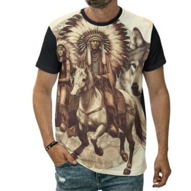Imagem de Camiseta Cacique Indígena A Cavalo Com Cocar Lobo Desenho - Darkwood, 