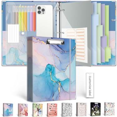 Imagem de Organizador de fichário de 3 anéis de 2,5 cm com prancheta, divisórias de 5 compartimentos, pasta transparente, 18 divisórias stikers, fichário decorativo BVSSX com três anéis com laço para caneta,