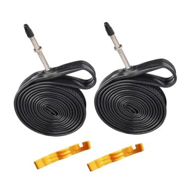Imagem de Pacote com 2 tubos internos de bicicleta com válvula Presta 700x35/43c F/V48mm compatíveis com pneus de bicicleta de estrada/montanha 700x35 700x38 700x40 700x43 com 2 alavancas de pneu de bicicleta