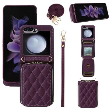 Imagem de Furiet Argyle Capa carteira para Samsung Galaxy Z Flip 6 5G 2024 com alça de pulso, 9+ compartimentos para cartões, bolsa com zíper, capa de celular de couro PU de luxo para ZFlip6 Z6 G Flip6 6Z roxo