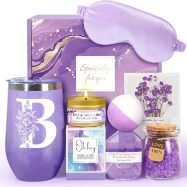 Imagem de Frerdui Presentes de Aniversário para Mulheres, Presentes de Autocuidado para Mulheres, Cesta de Presentes de Spa para Mulheres, Copo Inicial de 20 Onças com Tampa de Palha, Presen (, Roxo)