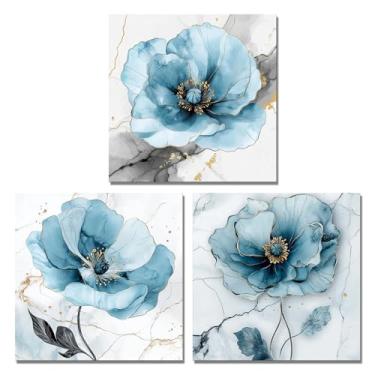 Imagem de Kalormore 3 peças de arte de parede em tela de flor azul elegante impressão floral papoula em textura de mármore impressão de arte decoração de parede rústica
