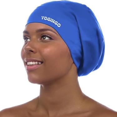 Imagem de YOGINGO Touca de natação extra grande para mulheres e homens adultos jovens, touca de natação de silicone à prova d'água para cabelos muito longos, cabelos cacheados grossos e tranças de dreadlocks tranças de cabelo afro