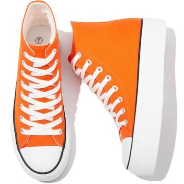Imagem de POVOGER Tênis de plataforma para mulheres, moderno, cano alto, lona, branco, sapatos de plataforma, casuais, com cadarço, cano médio, Laranja, 36