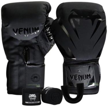 Imagem de Kit Venum Boxe Muay Thai 12 Oz Luva Bandagem Bucal New Impact Evo Preto Kickboxing Profissional