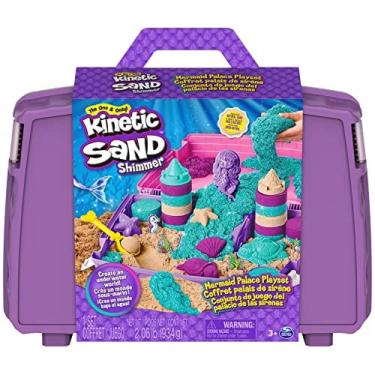 Imagem de Areia Cinética, Playset do Palácio da Sereia, 2,06 lbs de Shimmer Play Sand (Neon Purple, Shimmer Teal e Beach Sand), Reusable Folding Sandbox and Too