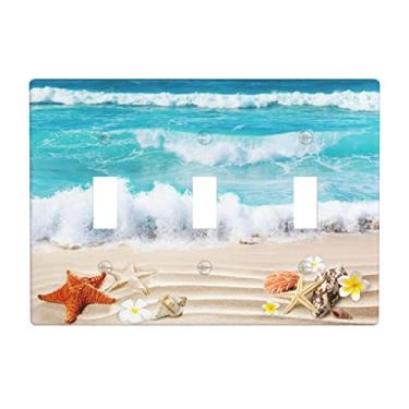 Imagem de Blue Ocean White Sand Beach 2 Gang Wall Plate Covers Seashells Starfish Triple Toggle Light Switch Cover Decorative Wallplate Face Plates para Tomadas Elétricas Cozinha Banheiro Quarto 4,5 x 16,38